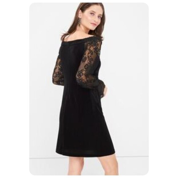 White House Black Market Black Off The Shoulder Velvet Lace Shift Dress sz 8 - Picture 1 of 6